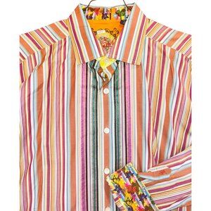 Robert Graham Mens XL Striped Embroidered Flipped Floral Cuff Silk Trim Shirt